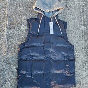 Men Puffer Vest Dark Blue Sleeve Less Jacket Heavy Hooded Coat Size S New W/ Tag